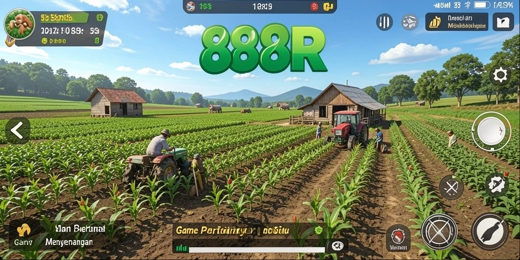 Tampilan gameplay <strong>888R</strong> yang menampilkan petani sedang bekerja di ladang.