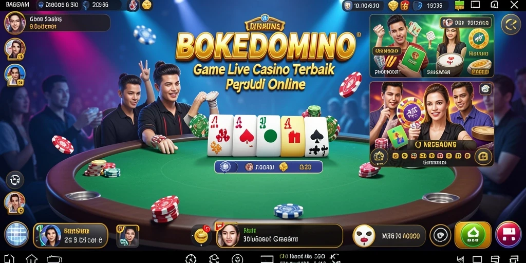 Tampilan gameplay BOKEDOMINO yang menampilkan dealer langsung dan suasana kasino.