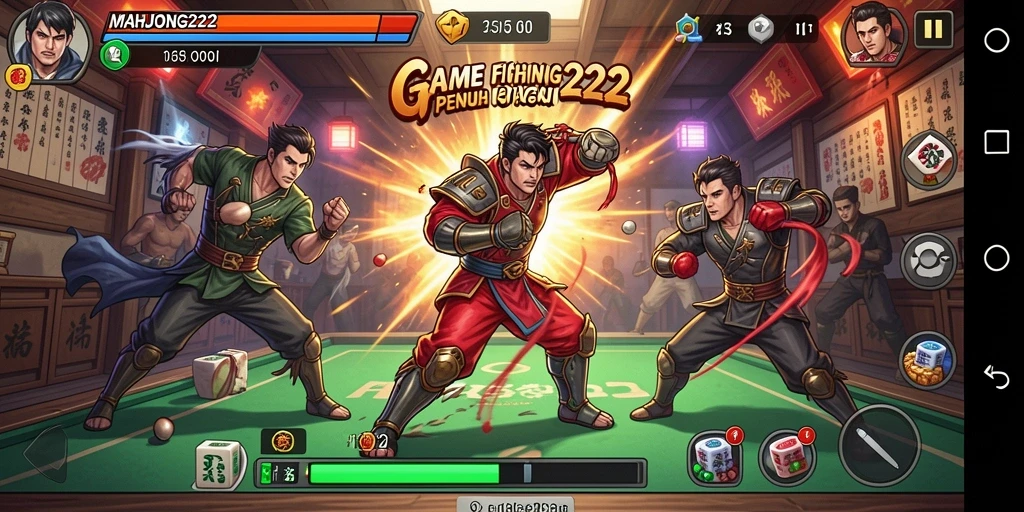 Tampilan seru gameplay Fighting MAHJONG222 dengan karakter bertarung.