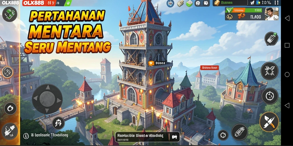Screenshot utama OLX888 menampilkan aksi pertahanan menara yang mendebarkan.