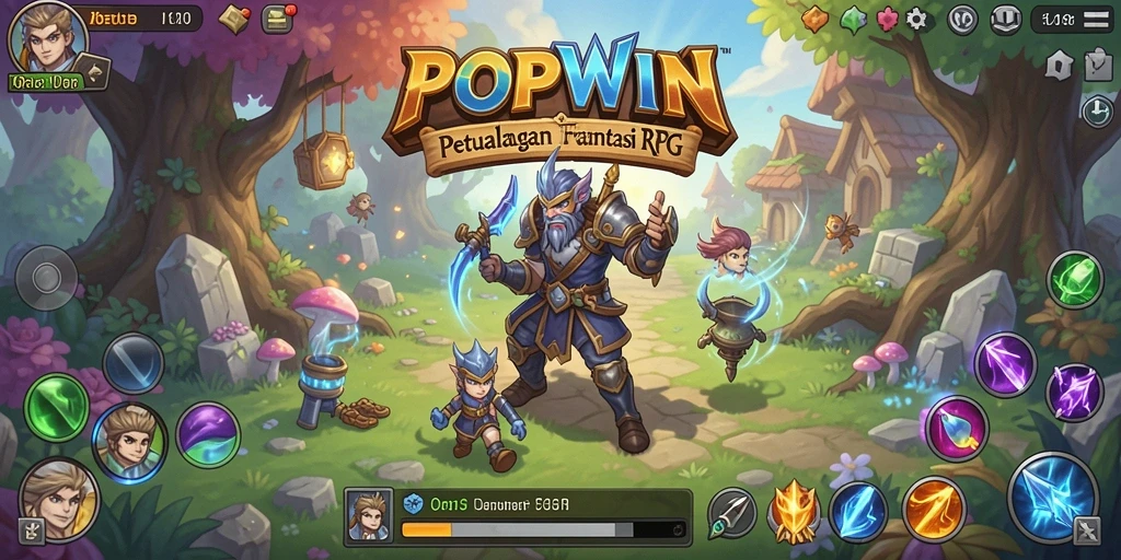 Tampilan utama gameplay RPG <strong>POPWIN</strong> yang menampilkan pertarungan epik.