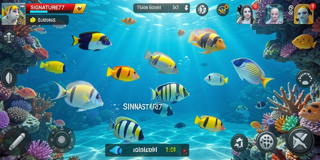 Screenshot SIGNATURE77 menampilkan aksi seru memancing ikan.