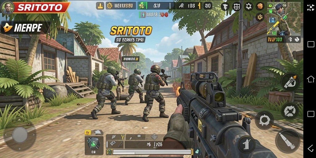 Screenshot gameplay SRITOTO menunjukkan aksi seru dalam pertempuran TPS.