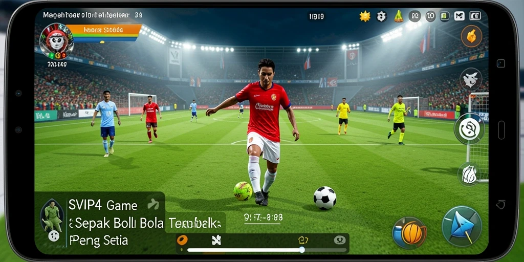 Screenshot gameplay SVIP4 dengan aksi sepak bola yang mendebarkan.