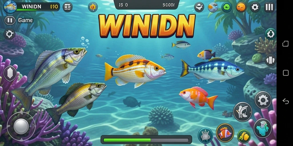 Tampilan gameplay seru di WINIDN dengan berbagai ikan untuk diburu.