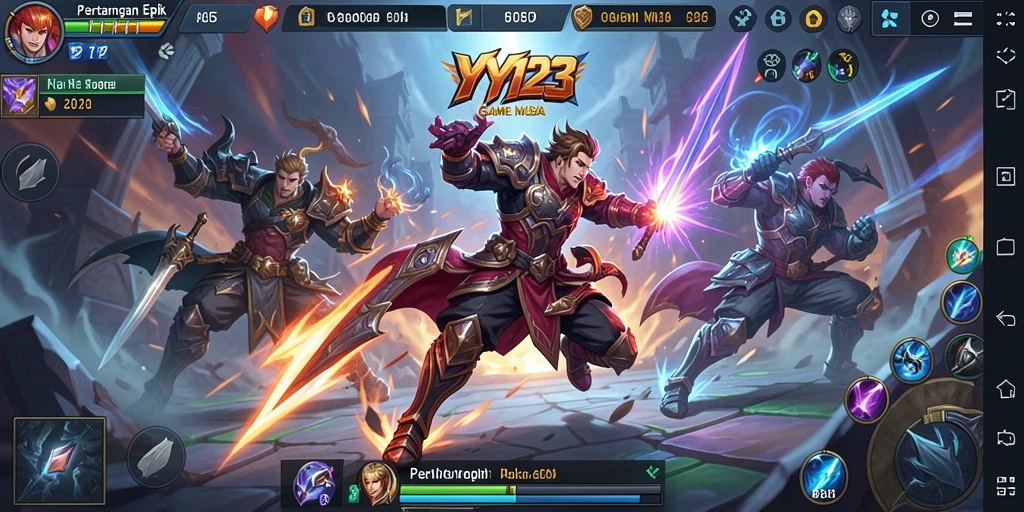 Screenshot gameplay YY123 menampilkan pertarungan seru antara tim.